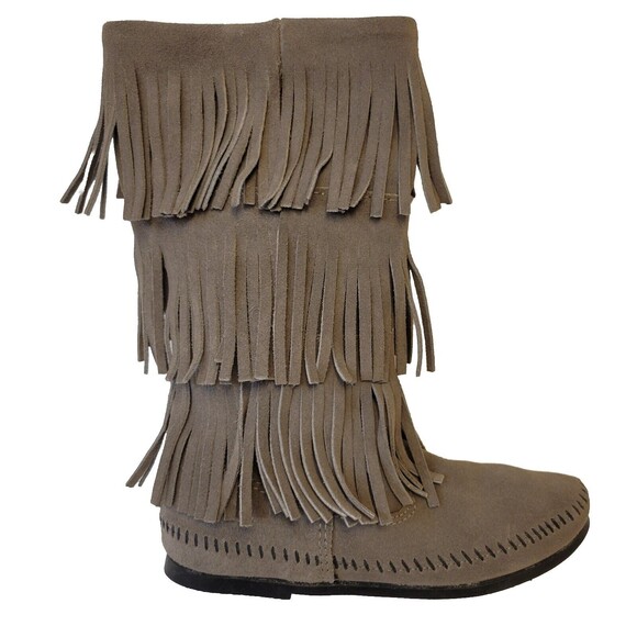 Minnetonka Suede Calf Hi 3-Layer Fringe Moccasin Pocahontas Cowgirl Western Boot - Picture 1 of 11